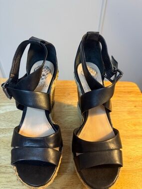 Vince Camuto Black Leather Crisscross Espadrille Wedges